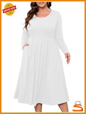 Plus Size Fall Midi Dress Long Sleeve A-Line Scoop Neck with Pockets